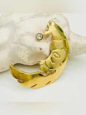 Vintage Moon Man Gold Crescent Moon Brooch with Clear Rhinestone- Celestial